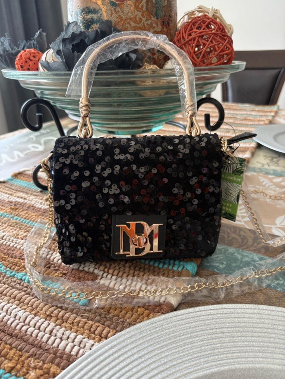 Badgley Mischka Black Sequin Top-Handle Crossbody with Gold Hardware